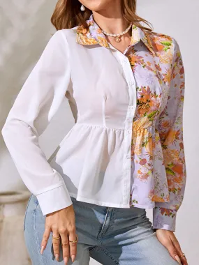 Asymmetric Flower Print Split-Joint Wrap Shirts Tops Blouses&shirts Tops