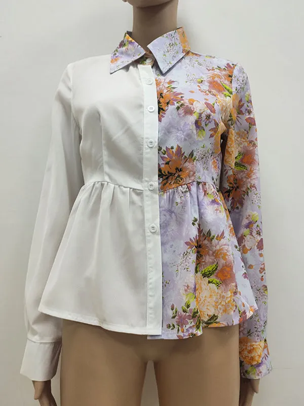 Asymmetric Flower Print Split-Joint Wrap Shirts Tops Blouses&shirts Tops