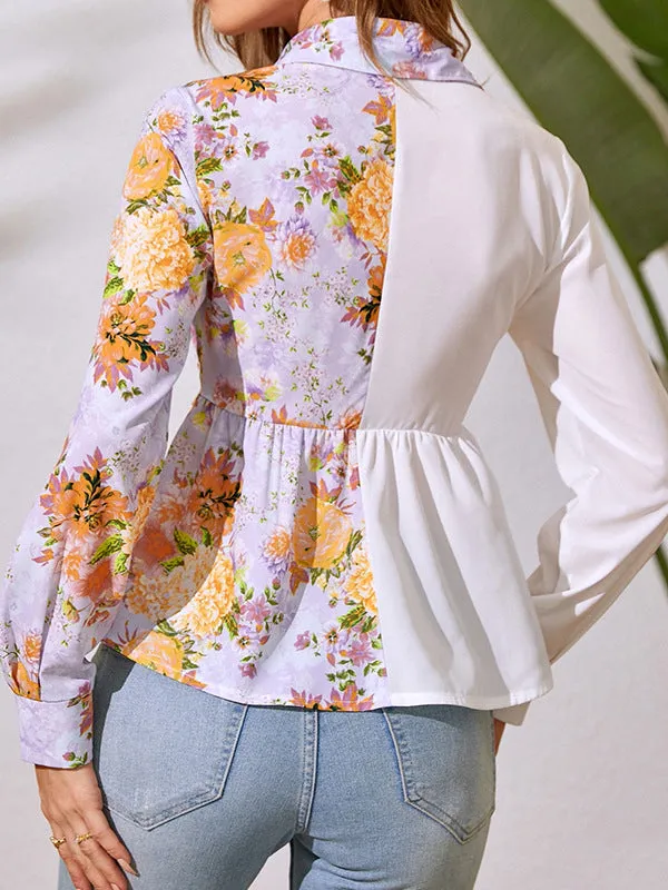 Asymmetric Flower Print Split-Joint Wrap Shirts Tops Blouses&shirts Tops