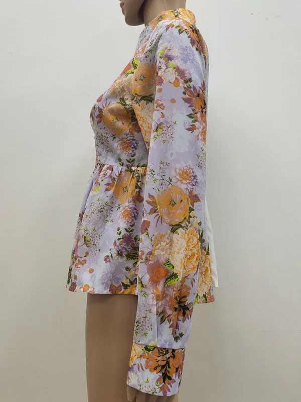 Asymmetric Flower Print Split-Joint Wrap Shirts Tops Blouses&shirts Tops