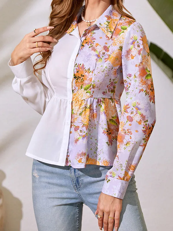 Asymmetric Flower Print Split-Joint Wrap Shirts Tops Blouses&shirts Tops