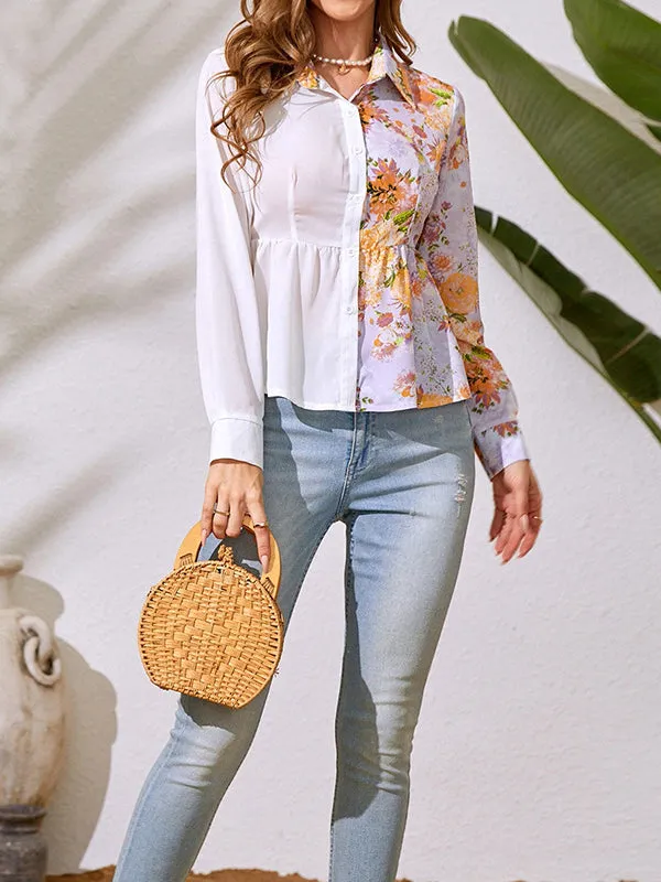 Asymmetric Flower Print Split-Joint Wrap Shirts Tops Blouses&shirts Tops