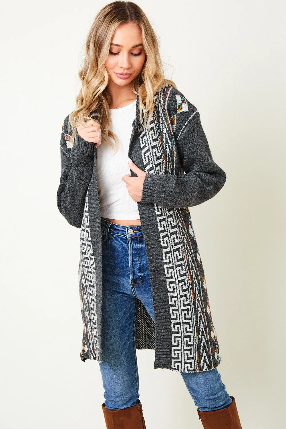 Aztec Pattern Long Sleeve Hooded Open Front Long Sweater Cardigan Plus Size