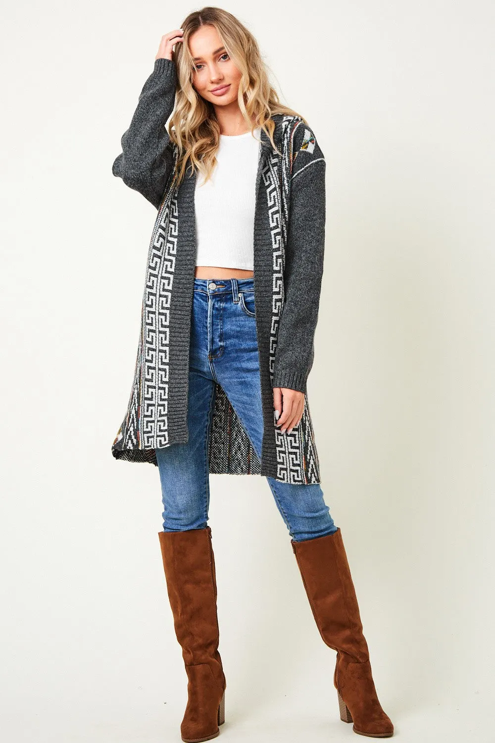 Aztec Pattern Long Sleeve Hooded Open Front Long Sweater Cardigan