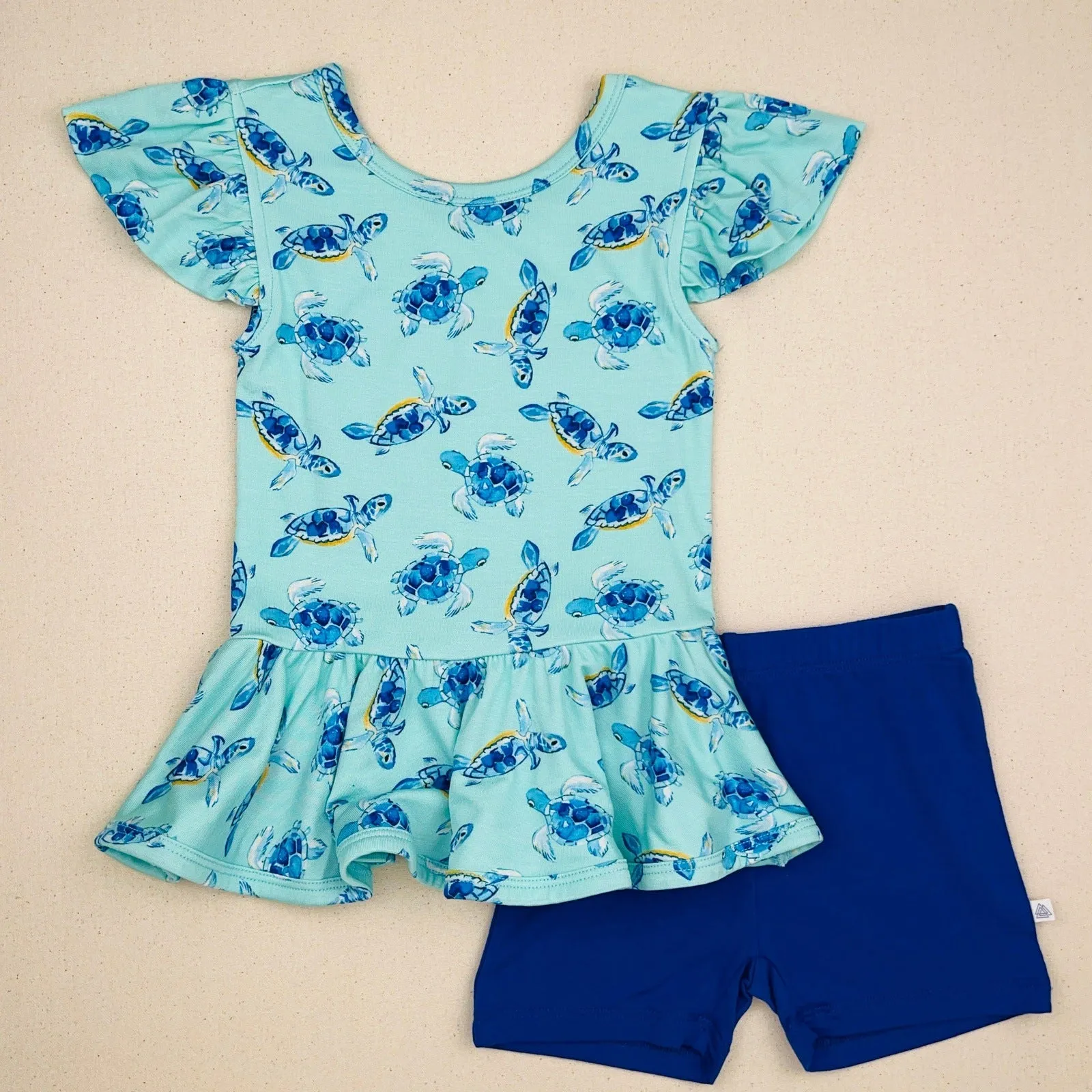 Baby Sea Turtles Ruffle Cap Sleeve Skater Peplum Top & Sapphire Biker Shorts Bundle