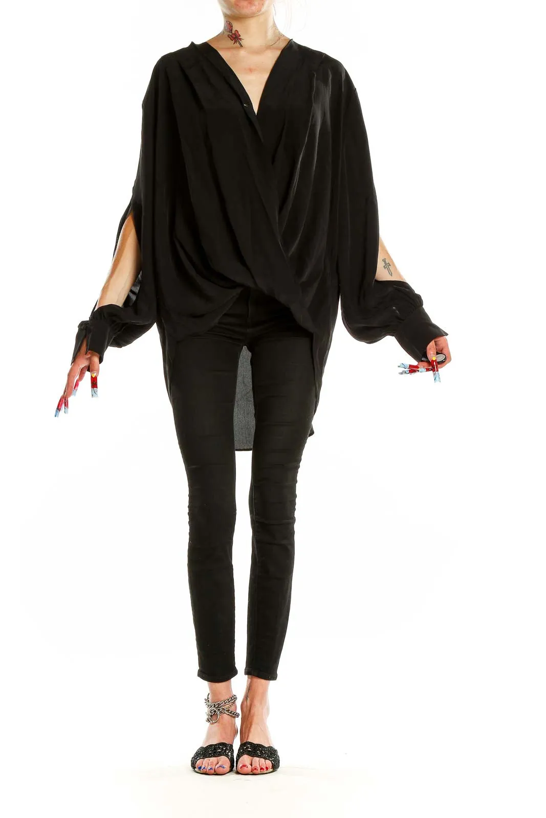 Black Draped Wrap Blouse