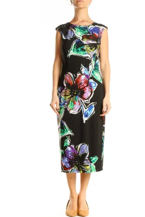 Black Floral Print Column Dress