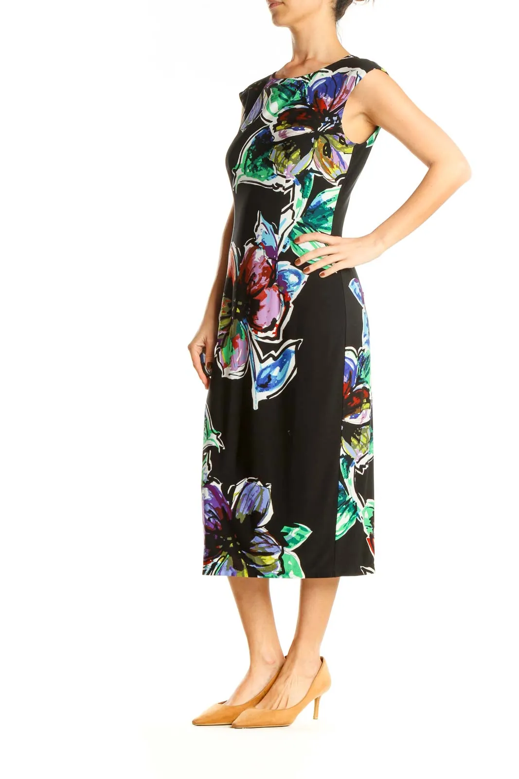 Black Floral Print Column Dress