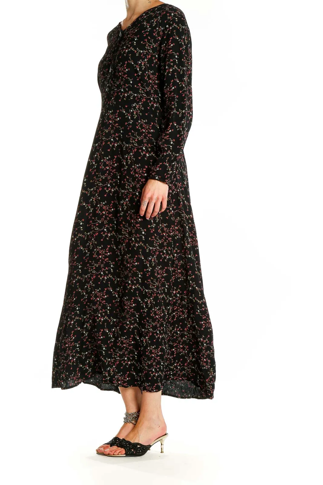 Black Floral Print Rayon Maxi Dress