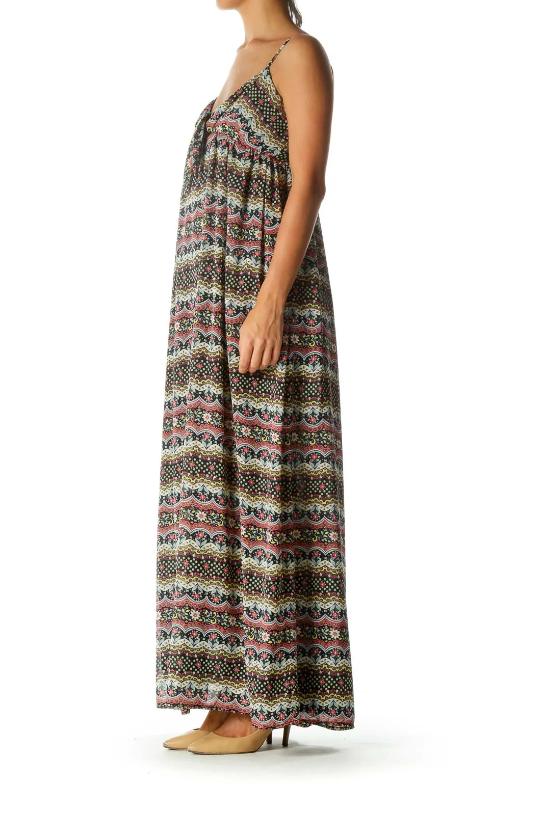 Black Pink Yellow Flower Print Cut Out Knot Spaghetti Strap Maxi Dress