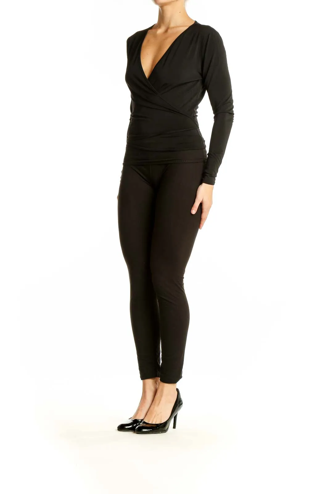 Black Wrap-Style Long Sleeve Top