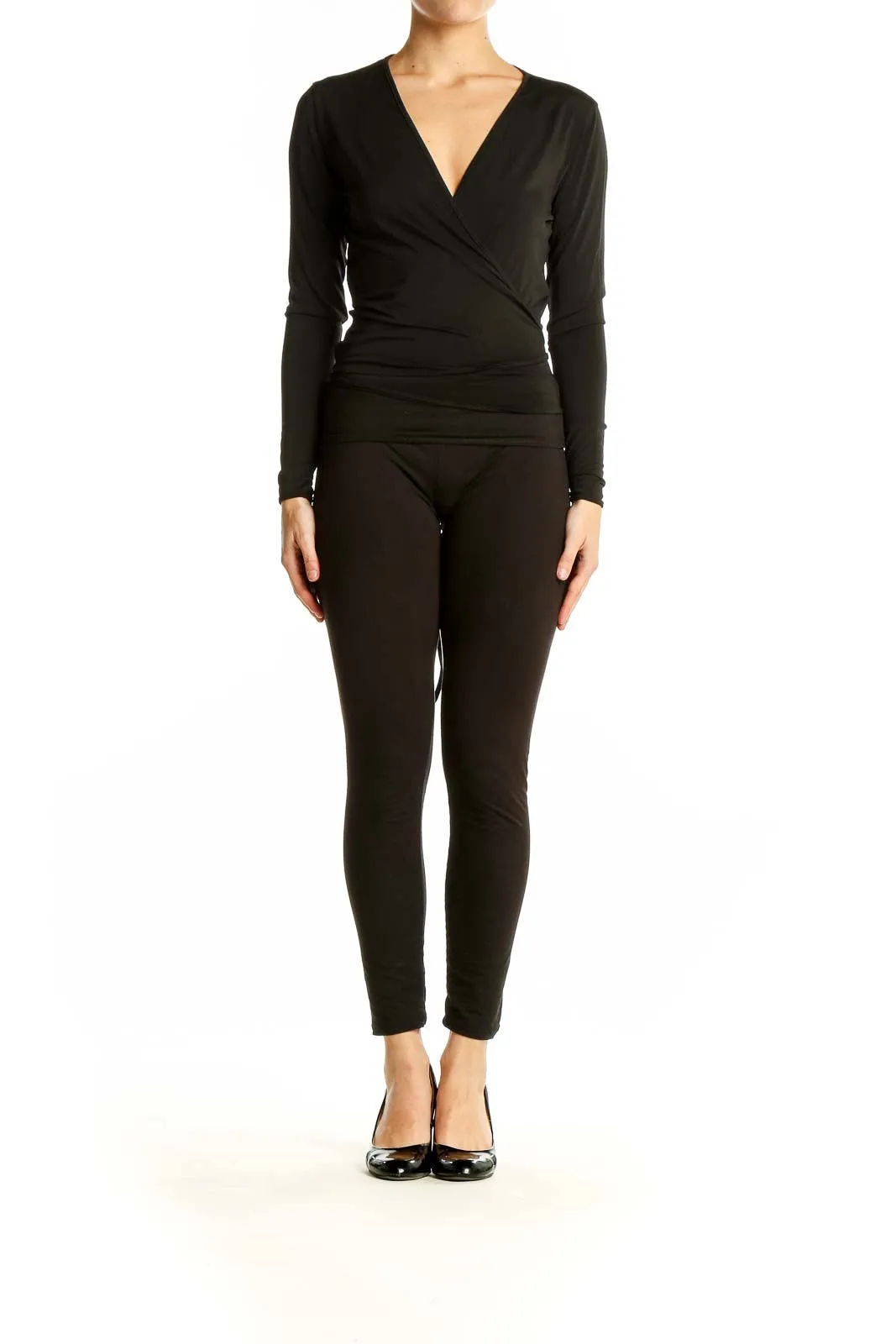 Black Wrap-Style Long Sleeve Top