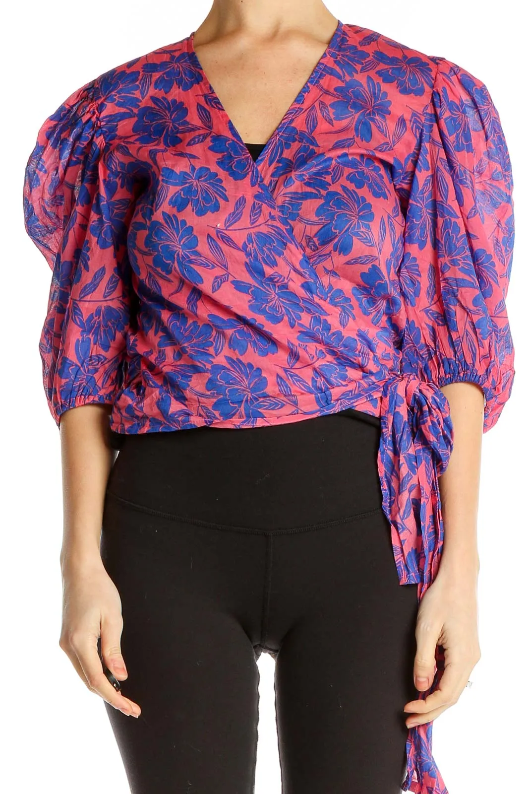 Blue Pink Floral Print Puff Sleeve Wrap Blouse