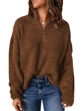 Brown Sweaters for Women Waffle Kint Long Sleeve Zip Pullover Polo V Neck Sweater for Women - EVALESS