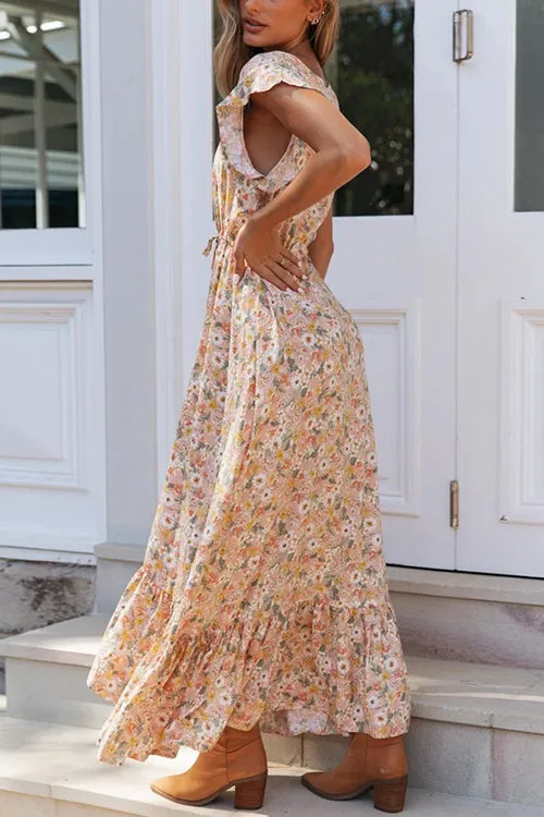 Button Ruffles Floral Drawstring Maxi Dress