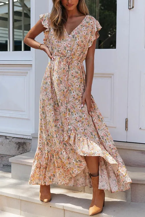 Button Ruffles Floral Drawstring Maxi Dress