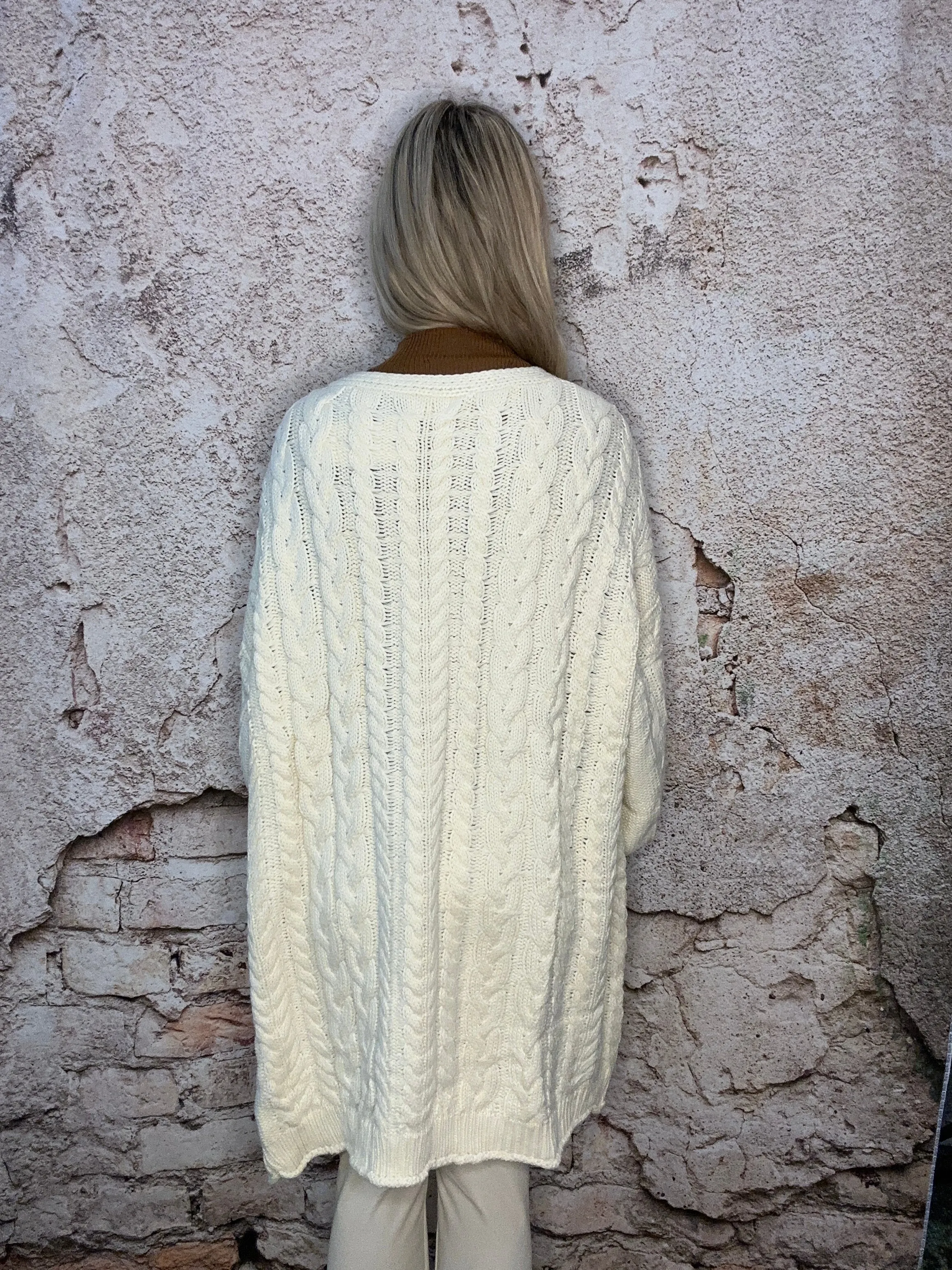 Cable Knit Balloon Sleeve Open Cardigan