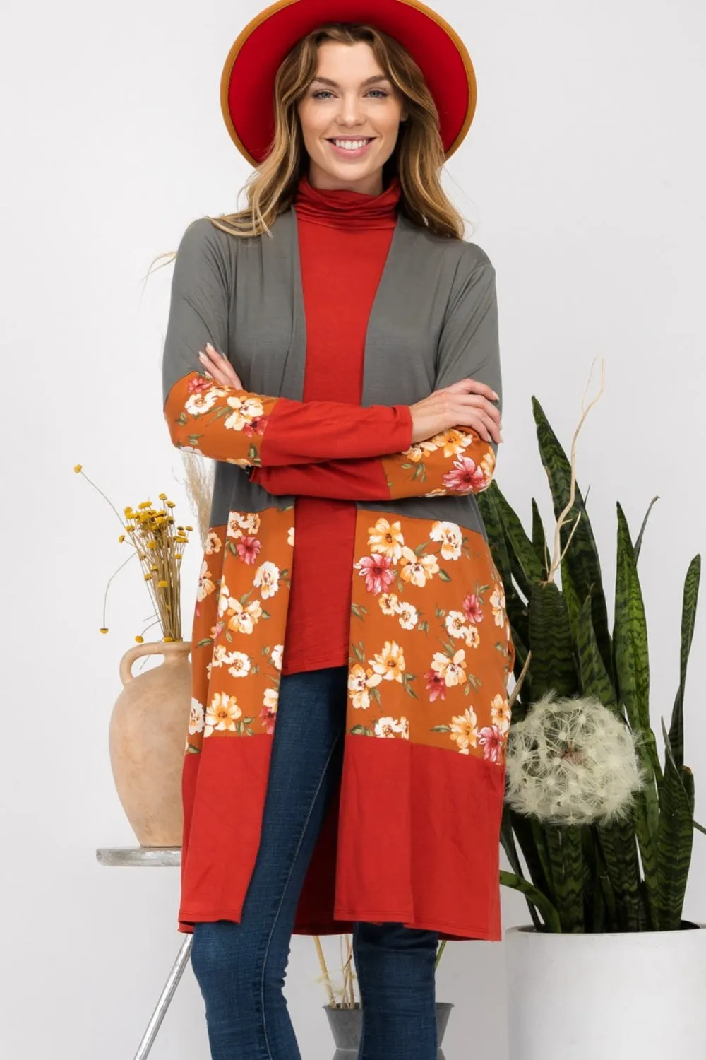 Celeste Floral Color Block Open Front Cardigan