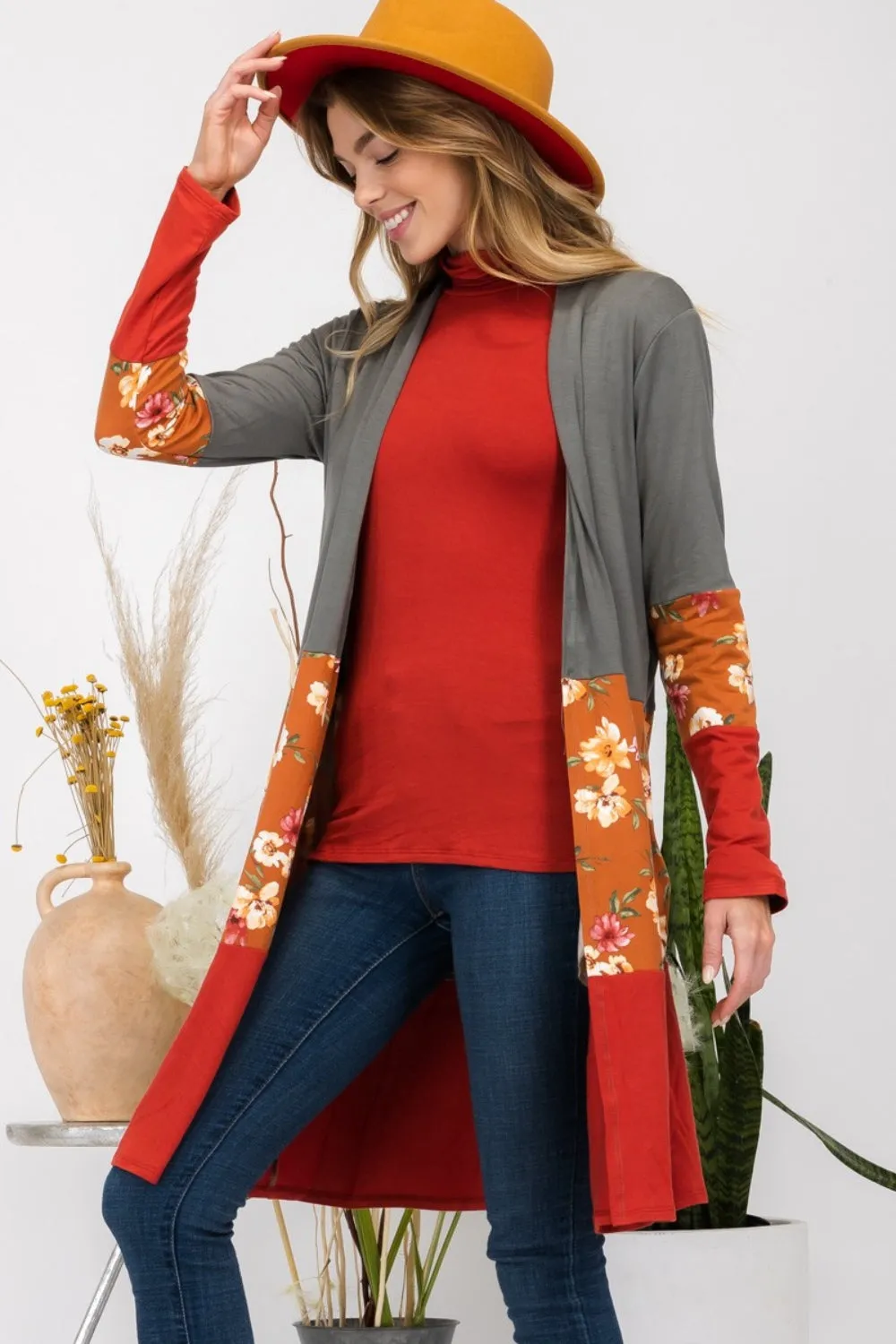 Celeste Floral Color Block Open Front Cardigan