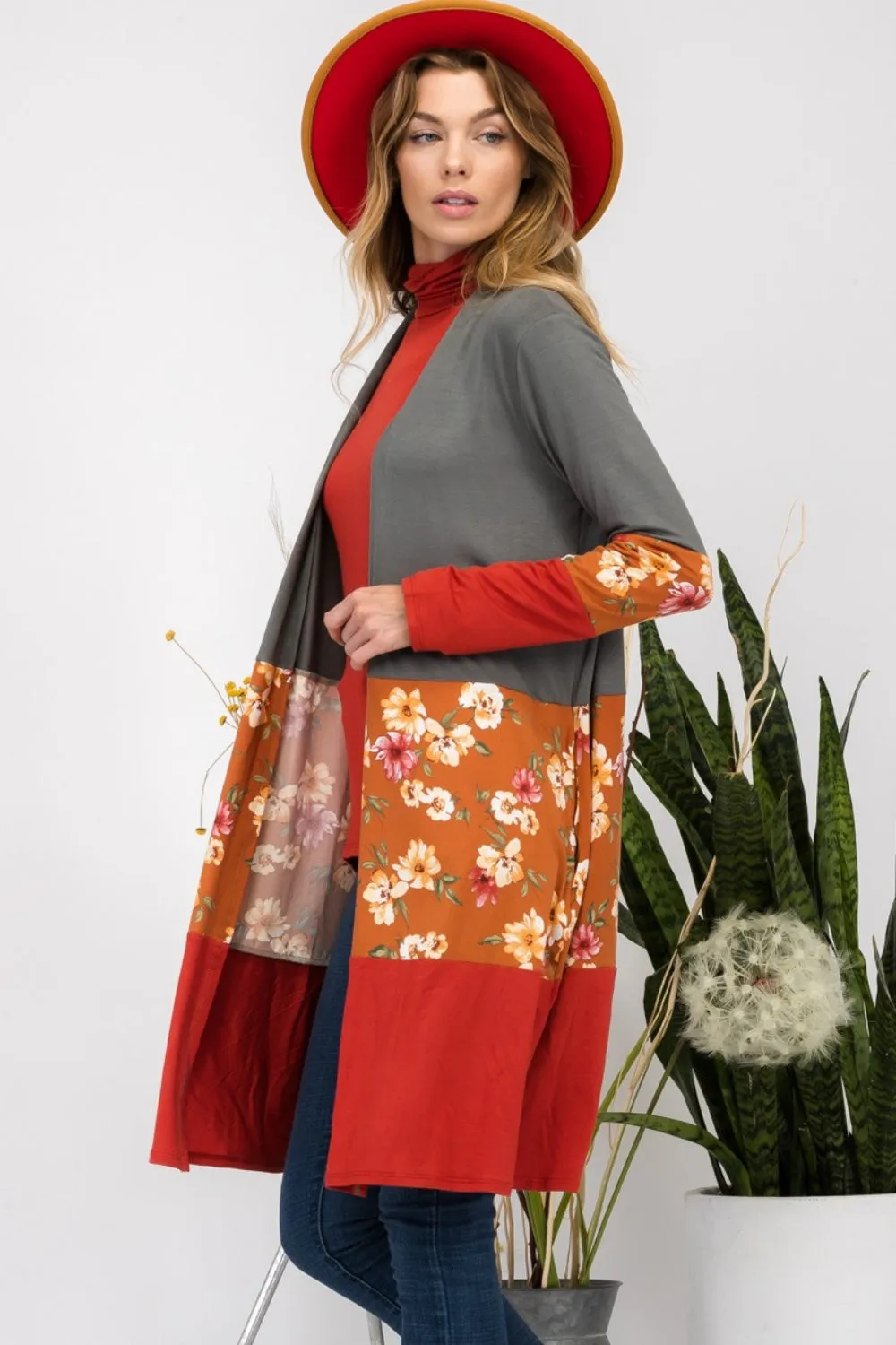 Celeste Floral Color Block Open Front Cardigan