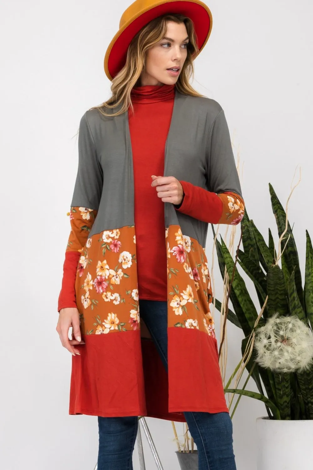 Celeste Floral Color Block Open Front Cardigan