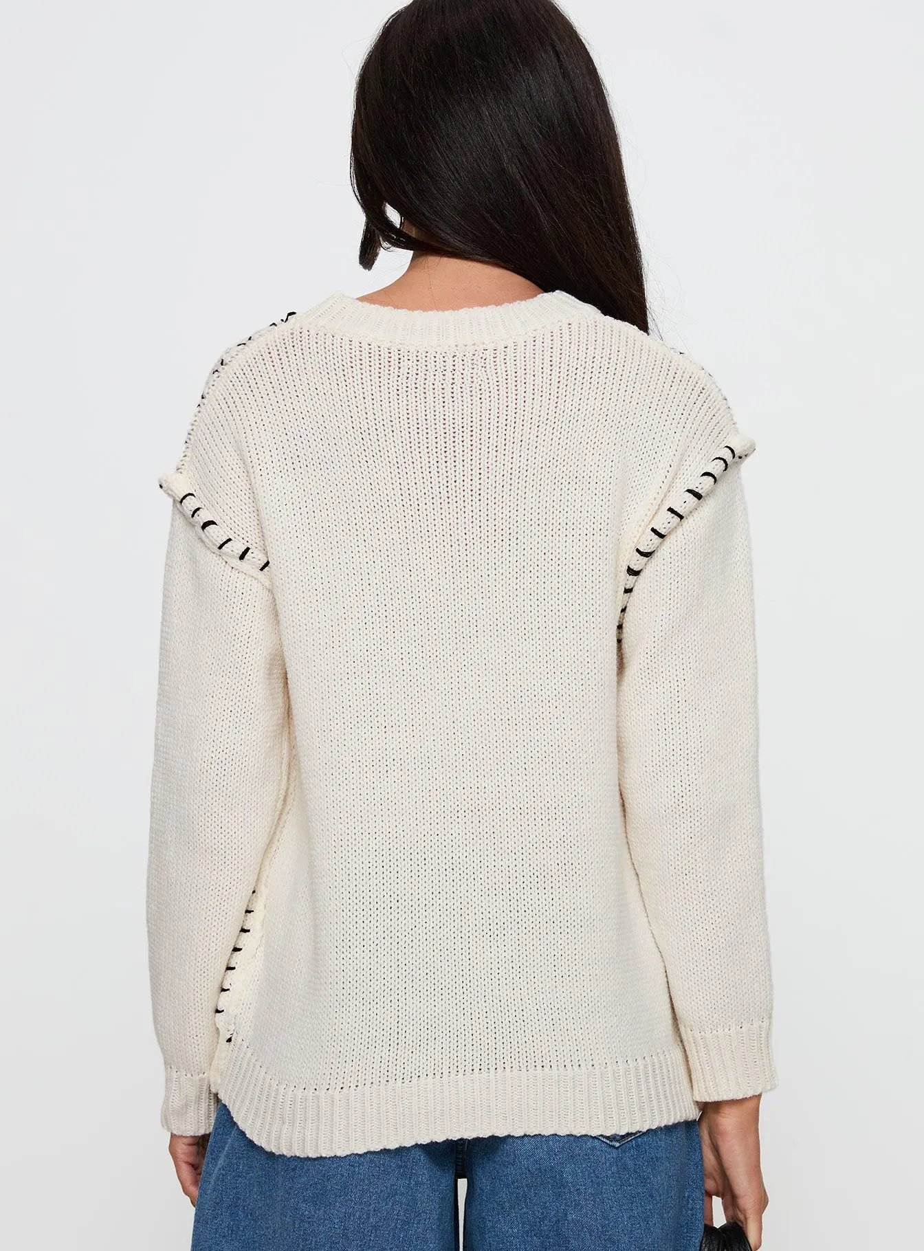 Change The Weather Contrast Stitch Knit Sweater Cream