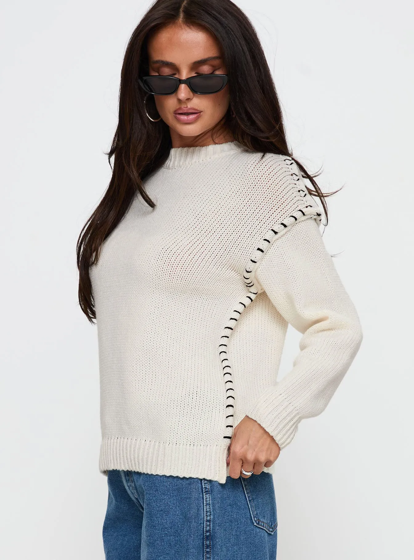 Change The Weather Contrast Stitch Knit Sweater Cream