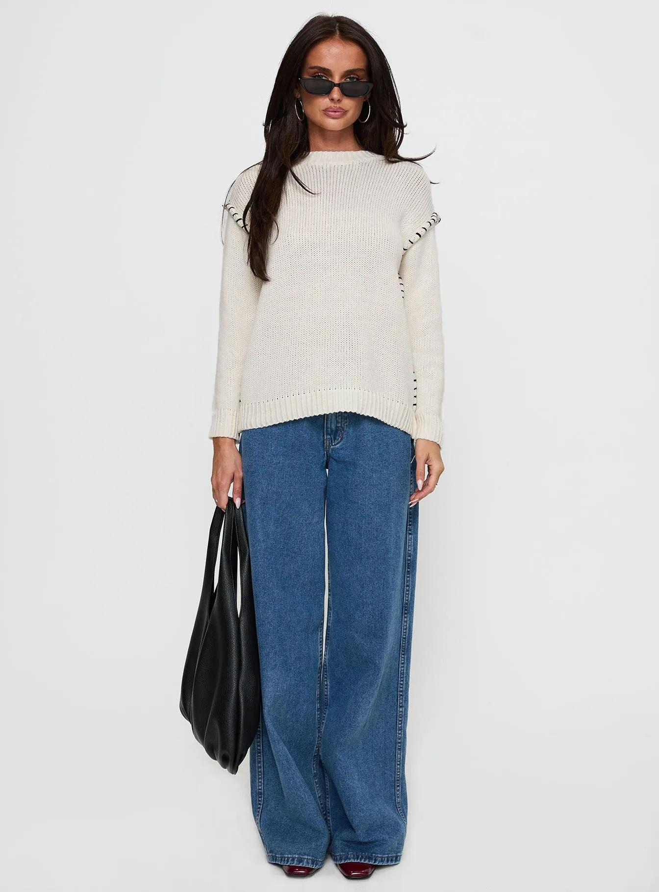 Change The Weather Contrast Stitch Knit Sweater Cream