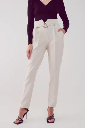 Cigarette Pants With Paper-Bag Waist in Cream