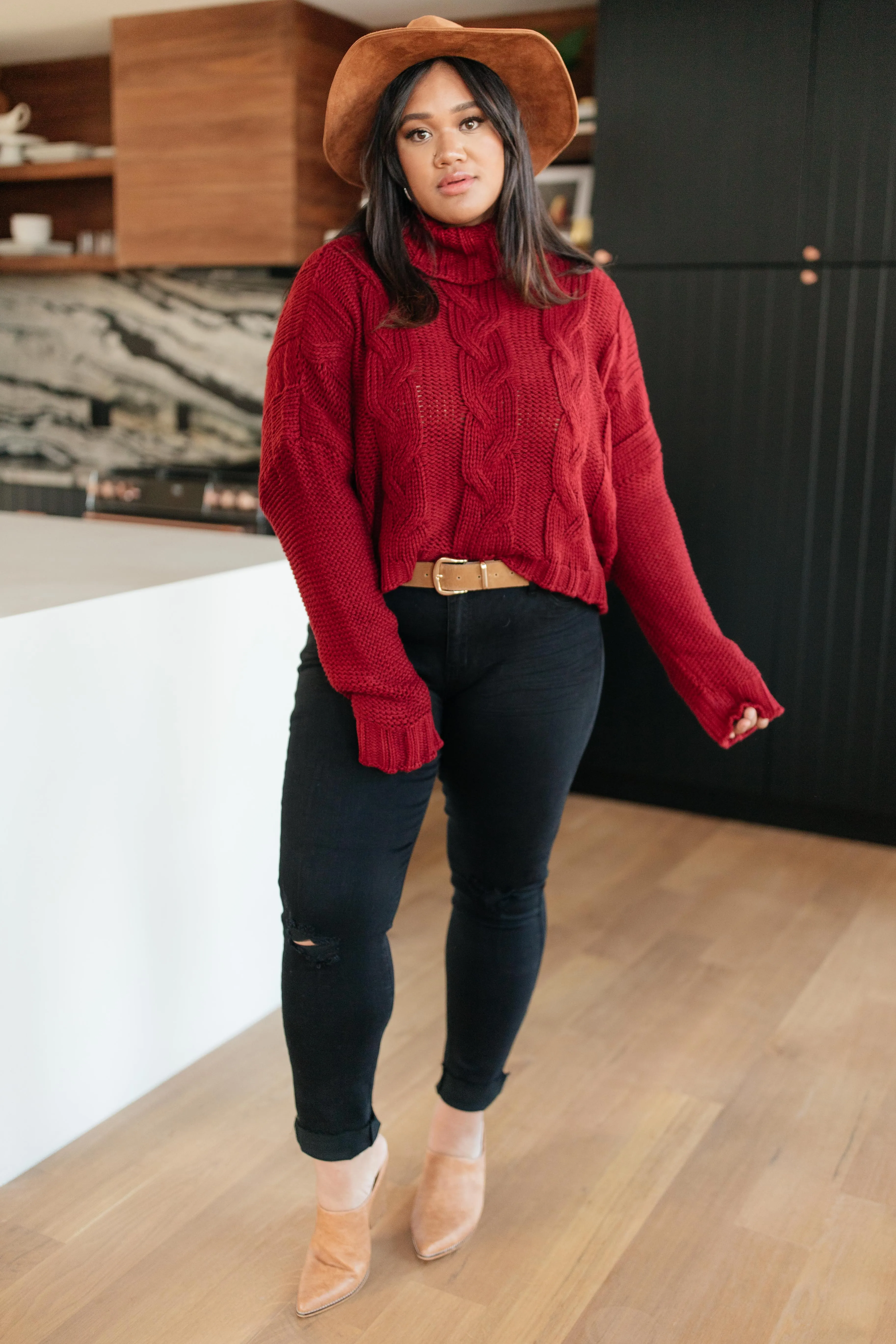 Classic Cable Knit Sweater in Cranberry