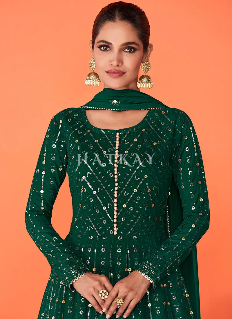 Dark Green Sequence Embroidered Flared Anarkali Suit