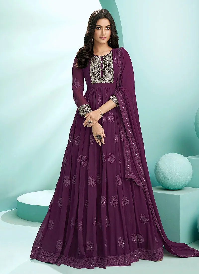 Deep Purple Lucknowi Zari Embroidered Designer Anarkali Suit