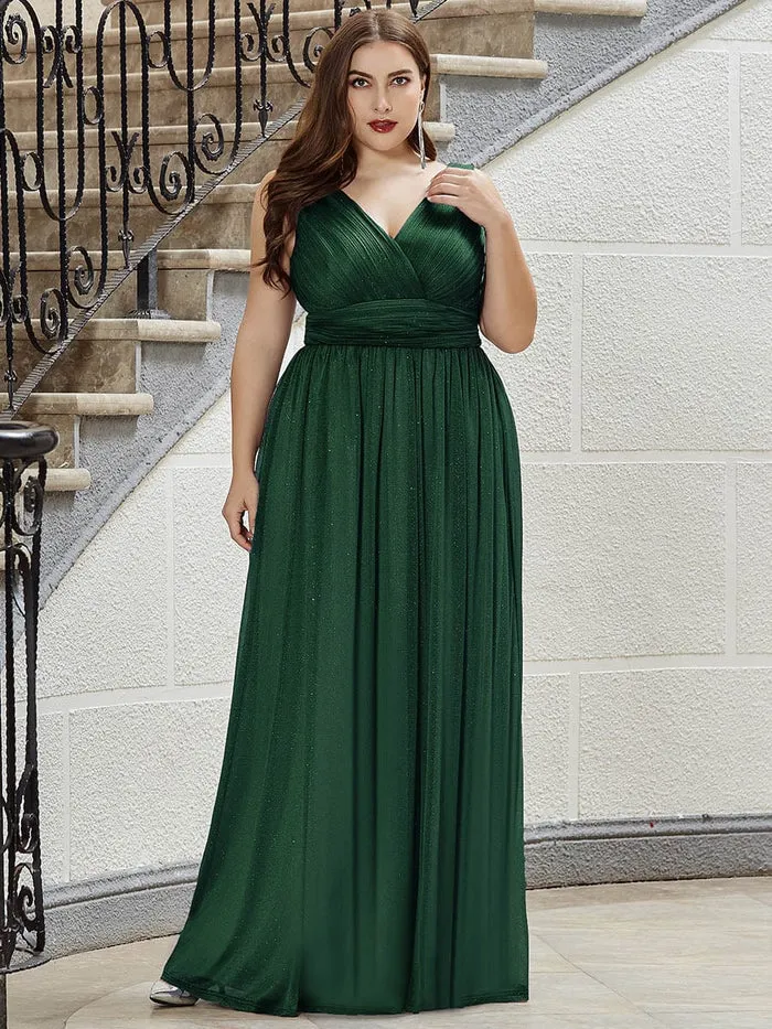 Double V Neck Maxi Long Plus Size Sparkly Evening Dresses for Party