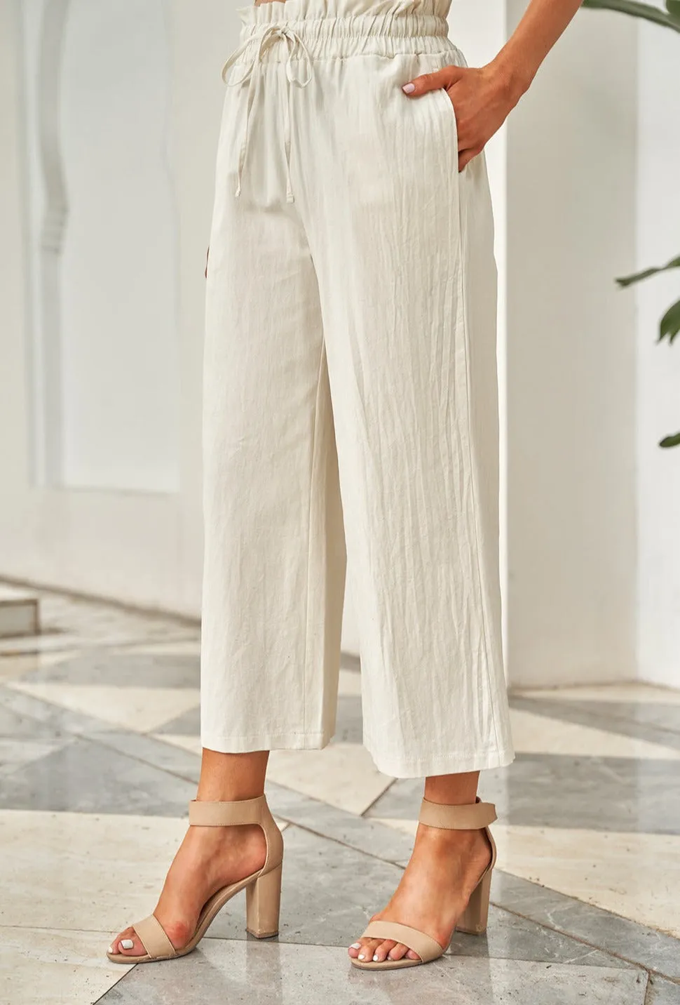 Drawstring Paperbag Waist Wide Leg Pants