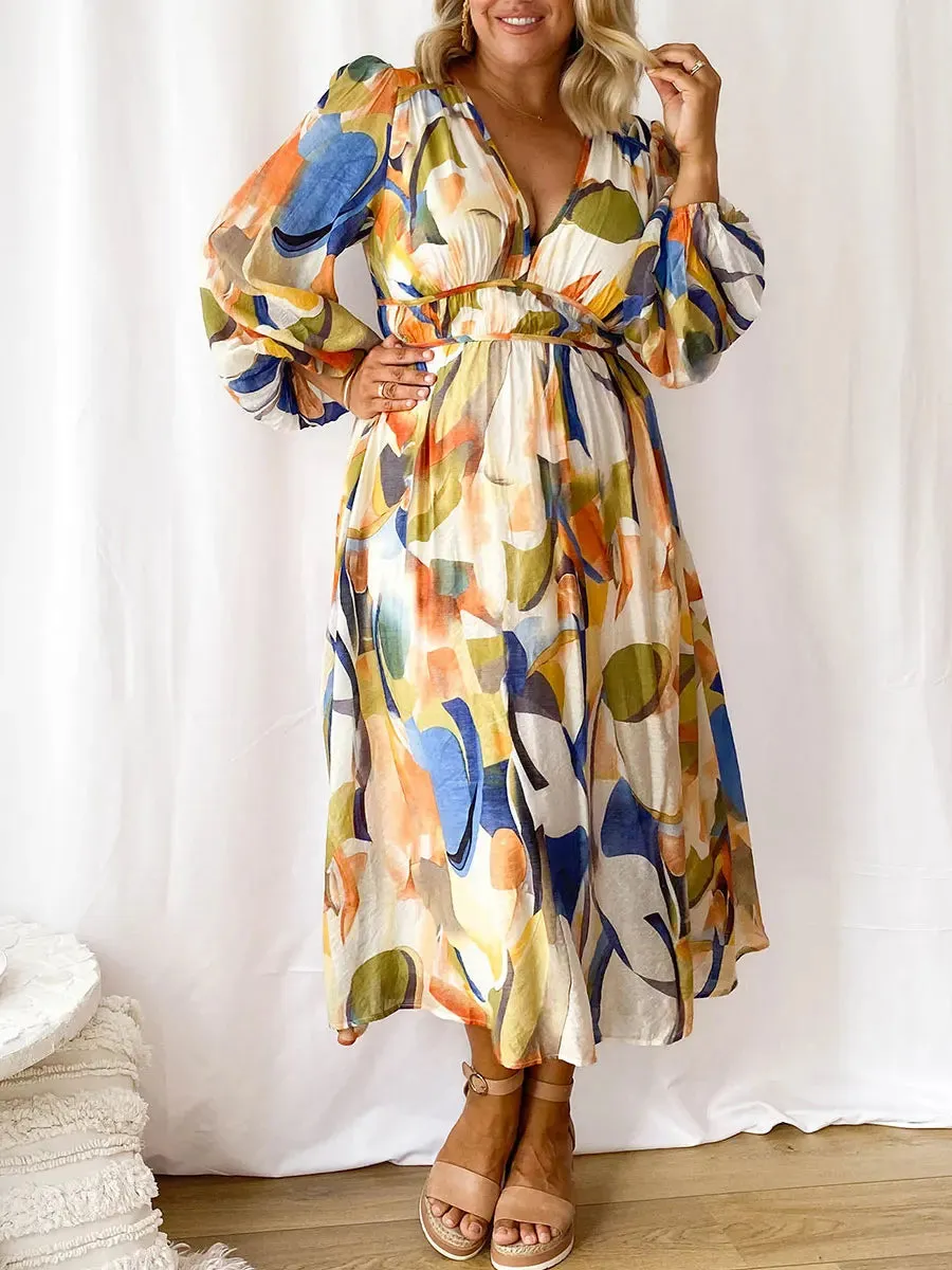 Floral Print V-Neck Long Puff Sleeve High Waist A-Line Spring Fall Casual Maxi Bohemian Dress