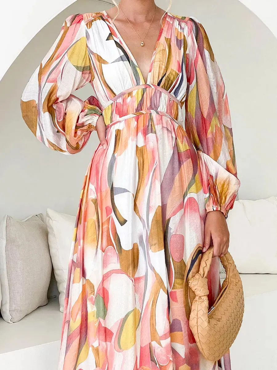 Floral Print V-Neck Long Puff Sleeve High Waist A-Line Spring Fall Casual Maxi Bohemian Dress