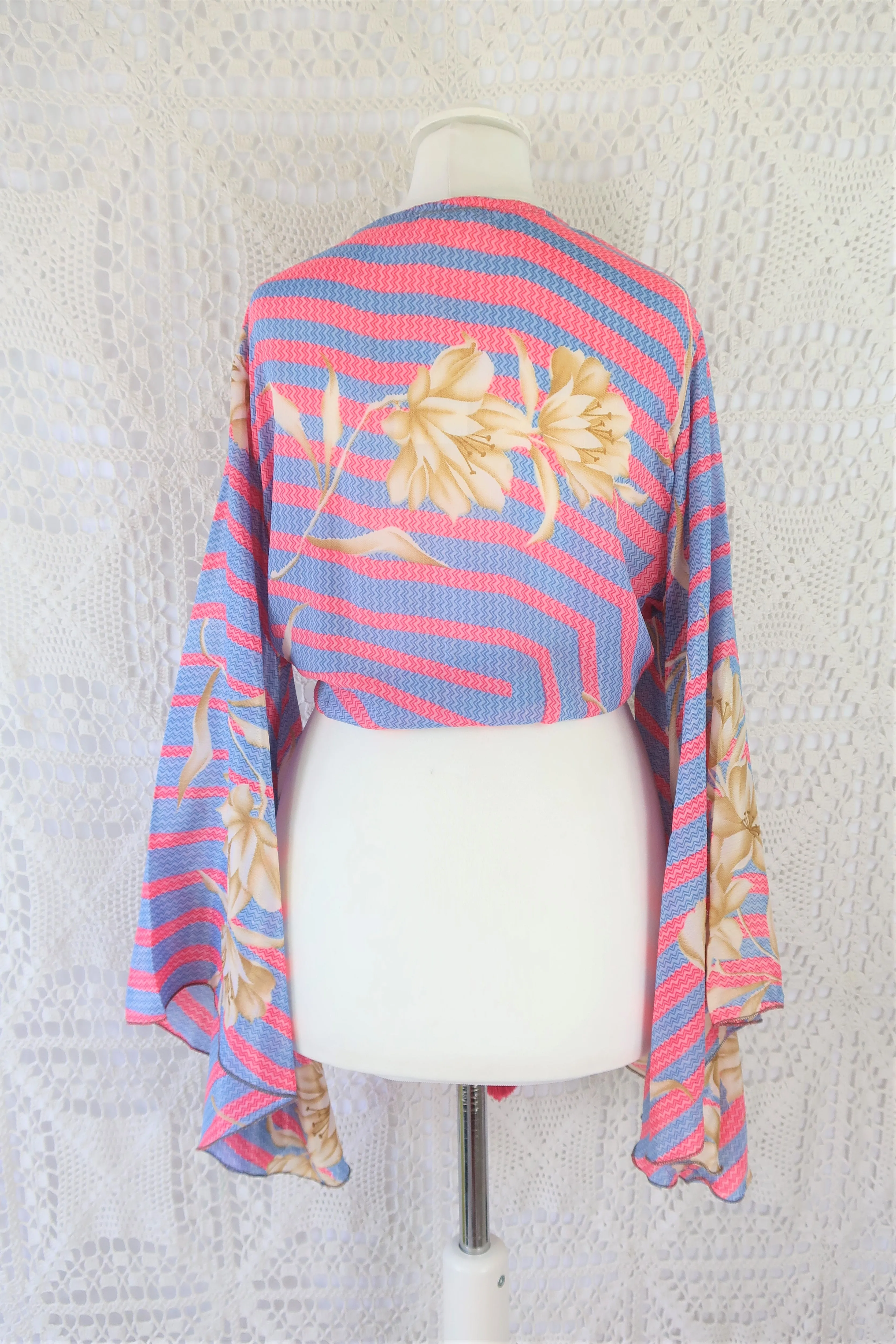 Gemini Wrap Top - Vintage Indian Sari - Powdered Pastel Flowers & Stripes - Size M/L