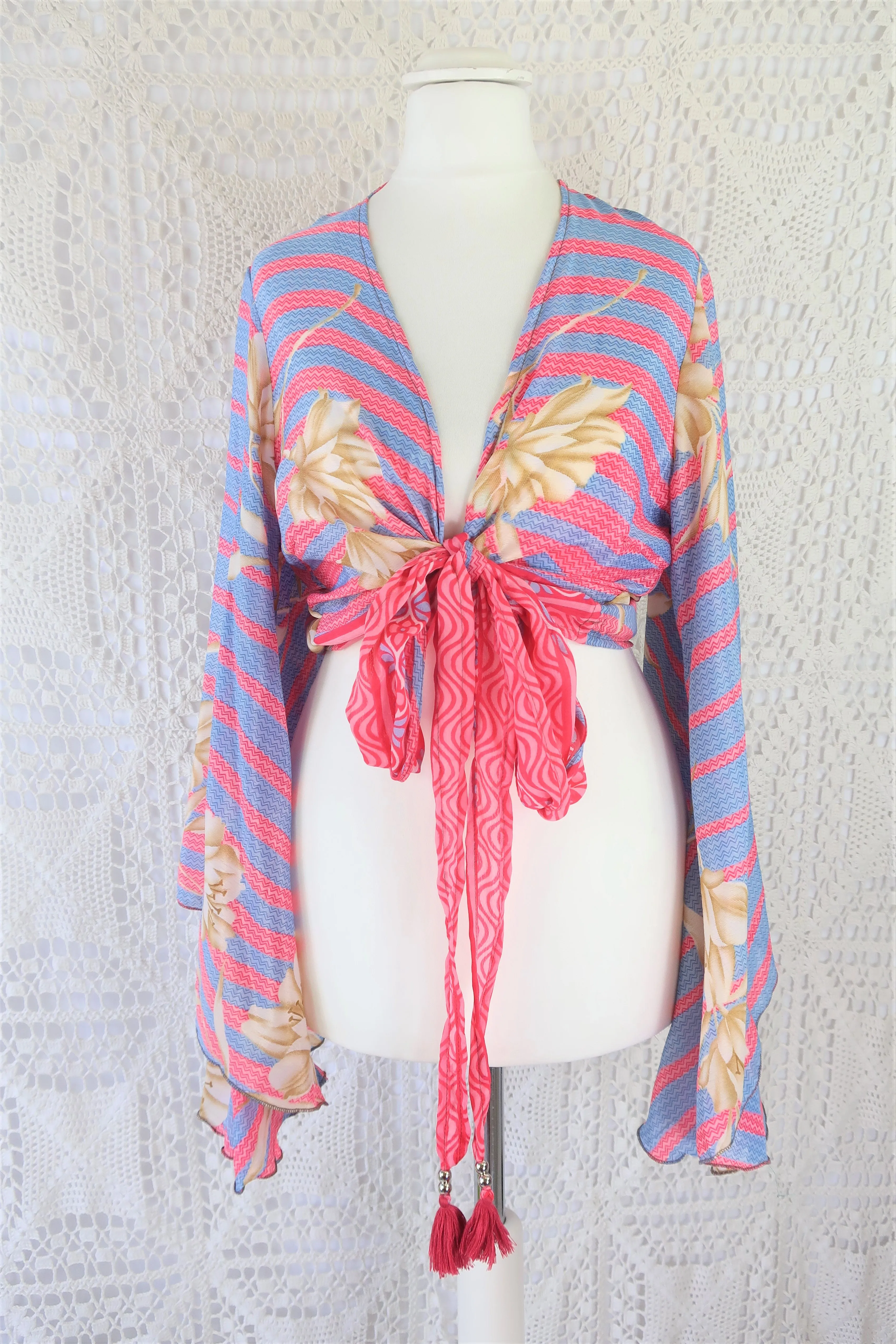 Gemini Wrap Top - Vintage Indian Sari - Powdered Pastel Flowers & Stripes - Size M/L