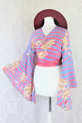 Gemini Wrap Top - Vintage Indian Sari - Powdered Pastel Flowers & Stripes - Size M/L