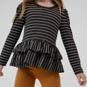 Heather Black Stripes Tiered Peplum Top