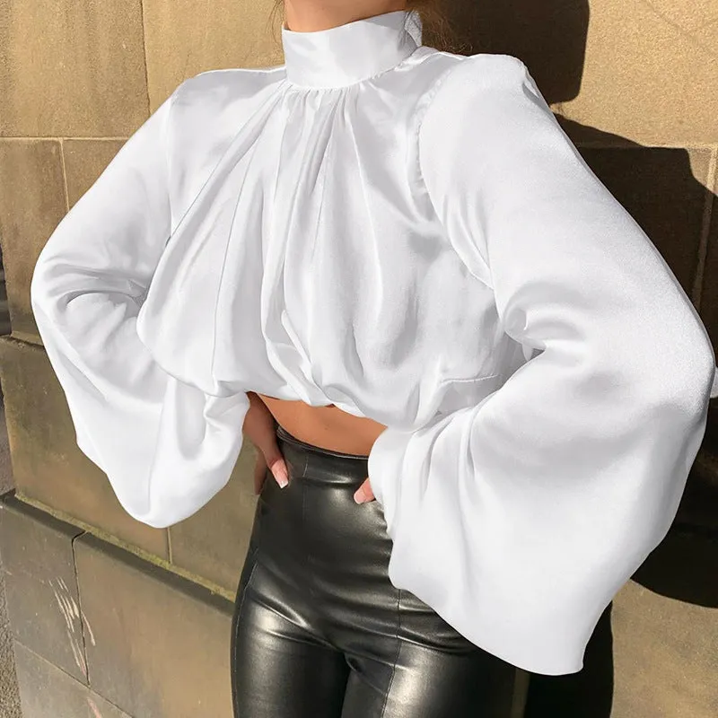 Julia Fashion - T-shirts Women Long Lantern Sleeve Crop Tops