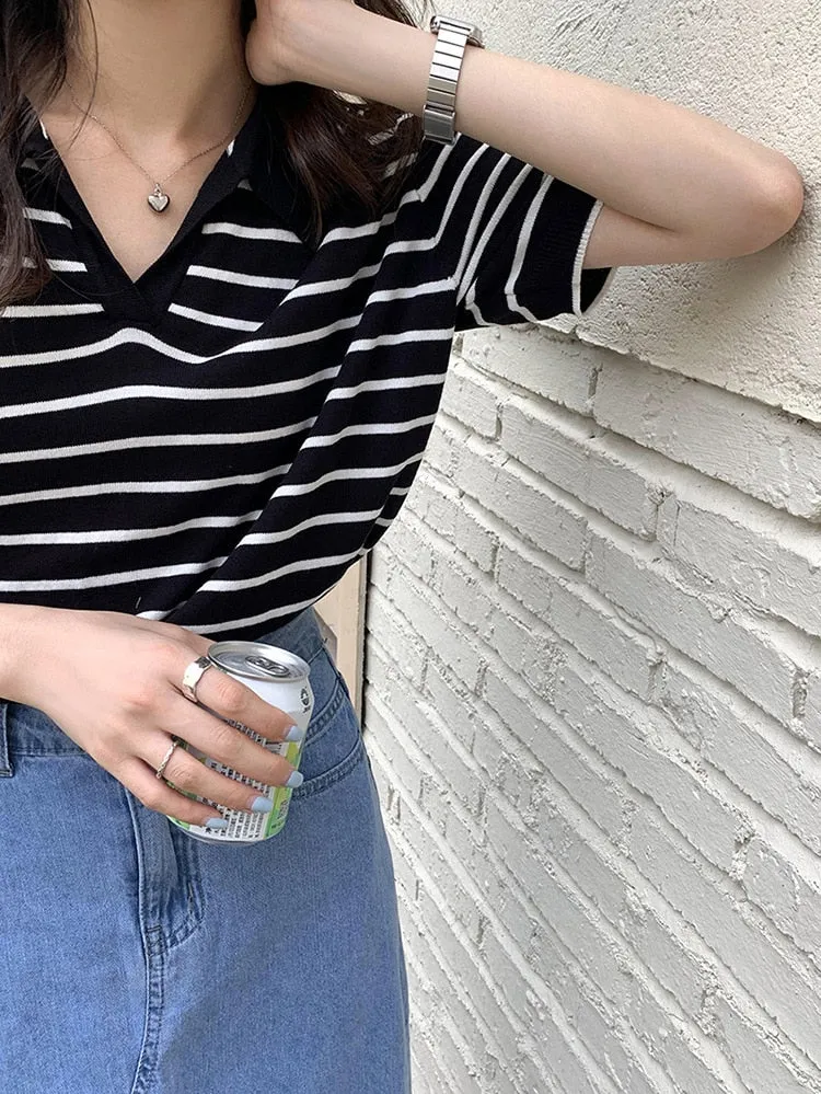 [Korean Style] 2 Color Classic Stripe Polo Knit Shirt Top