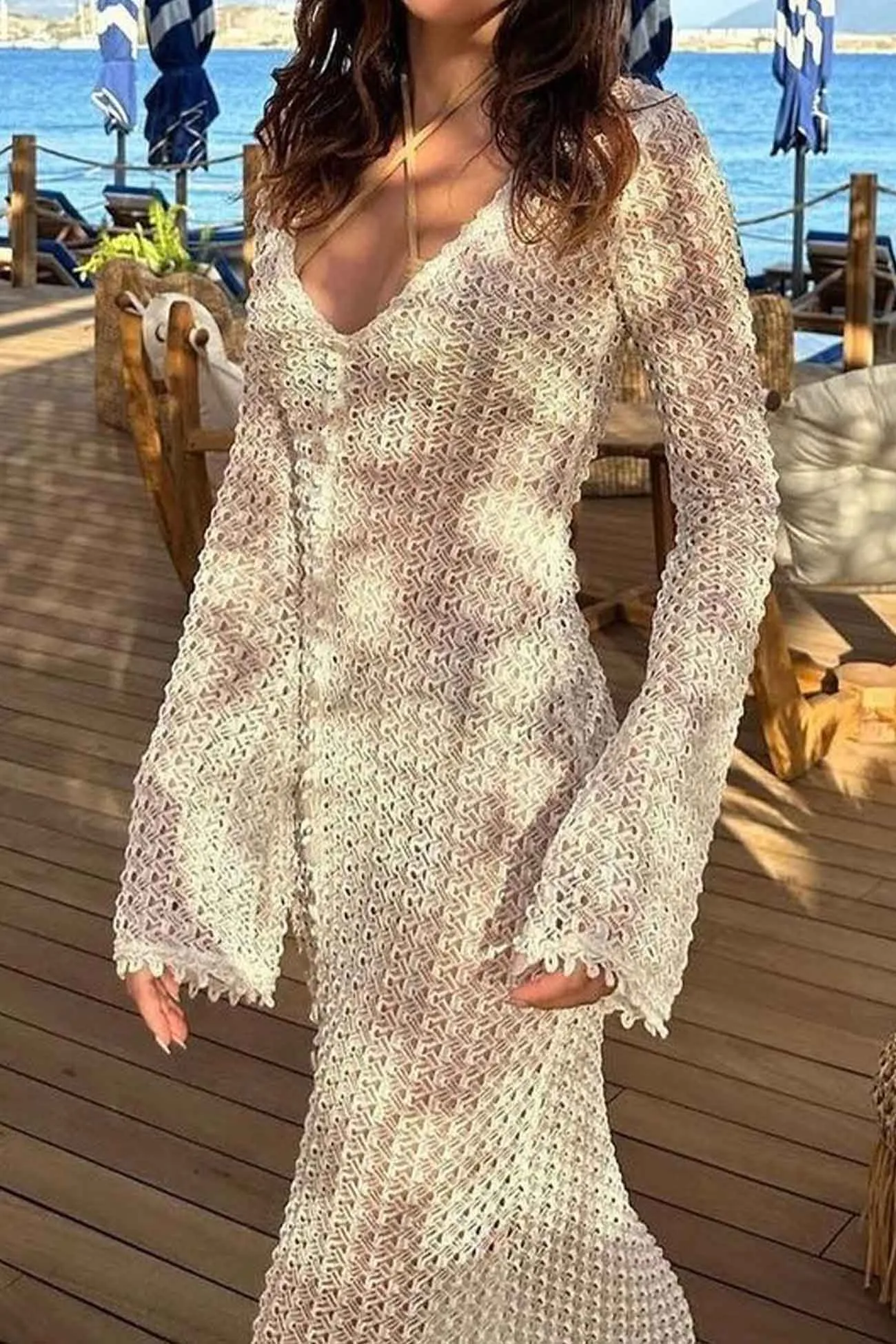 Long Sleeve Crochet Cutout Cover-up Dress