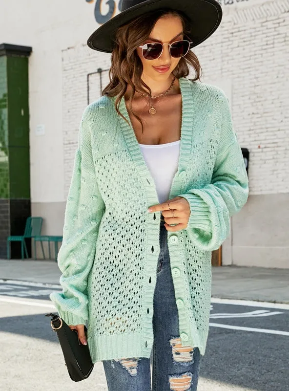 Long Sleeve Hollow Knit V-neck Long Sweater