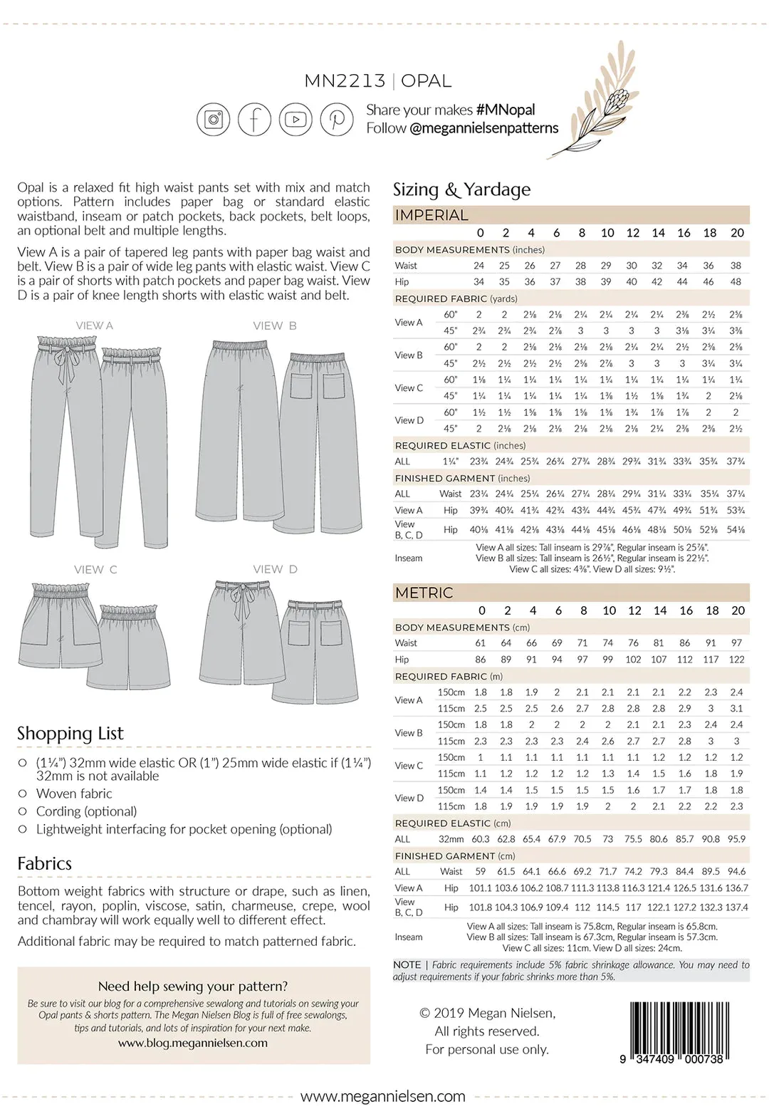 Megan Nielsen - Opal Pants and Shorts Sewing Pattern