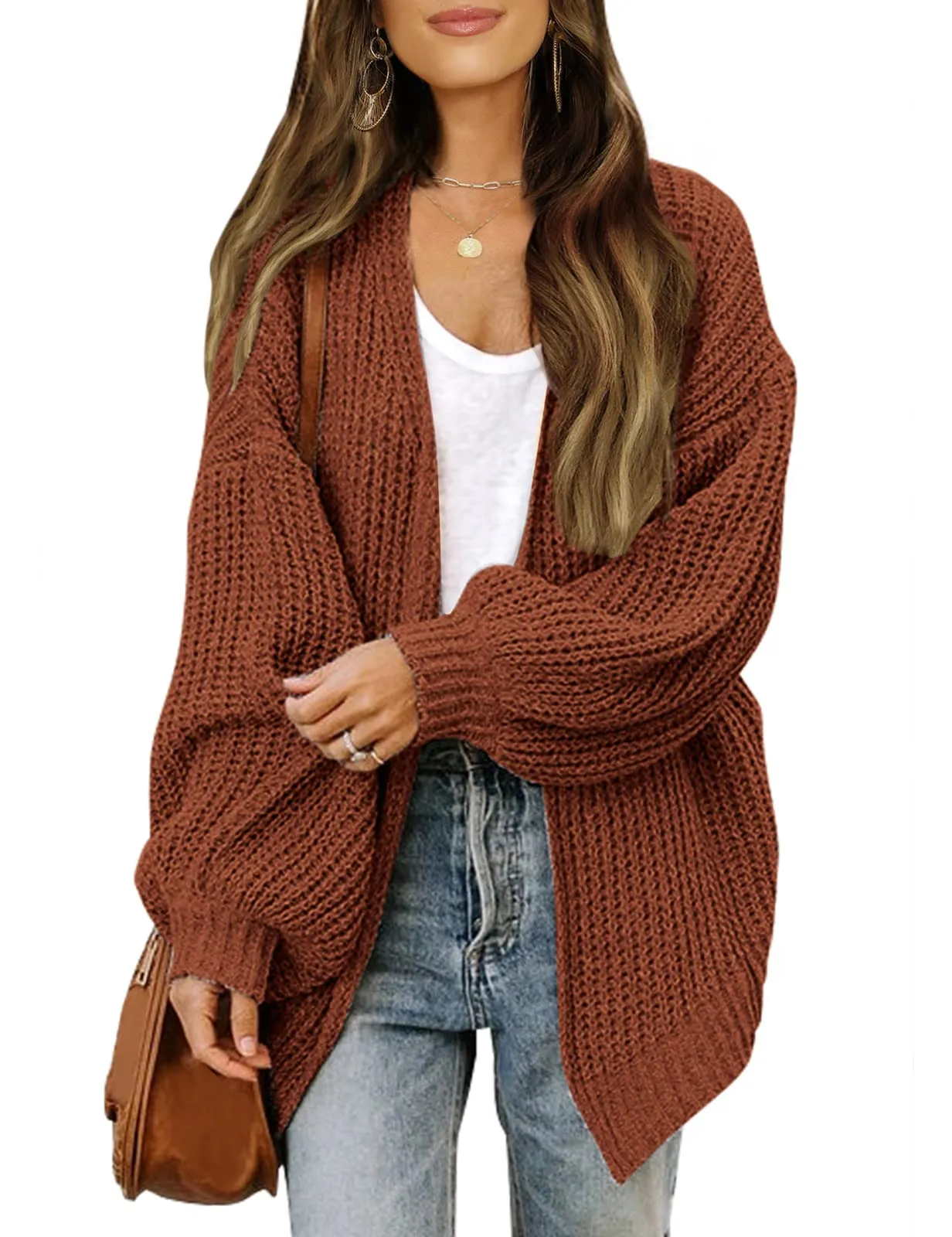 MEROKEETY Lantern Sleeve Oversized Chunky Cardigan