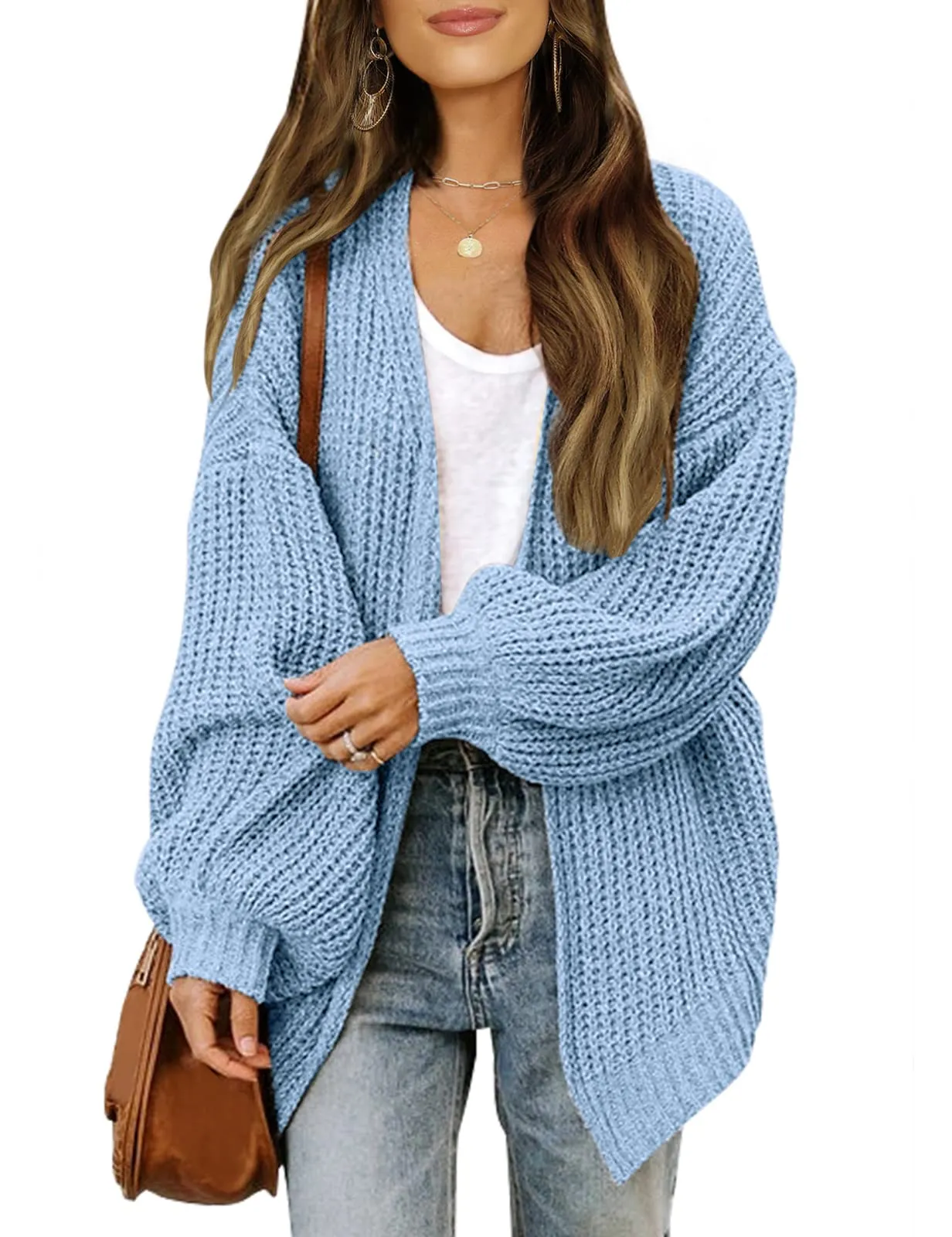 MEROKEETY Lantern Sleeve Oversized Chunky Cardigan