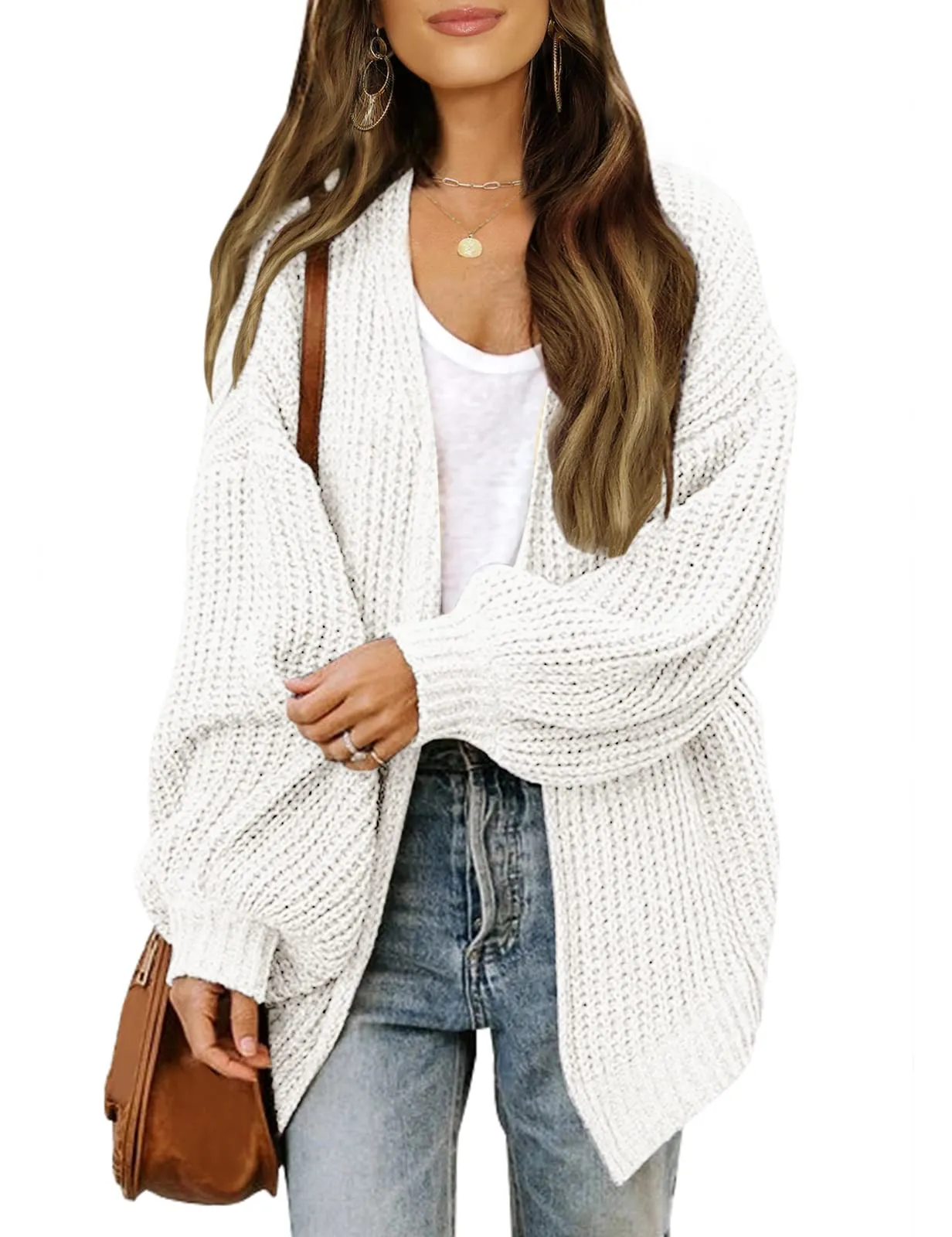 MEROKEETY Lantern Sleeve Oversized Chunky Cardigan