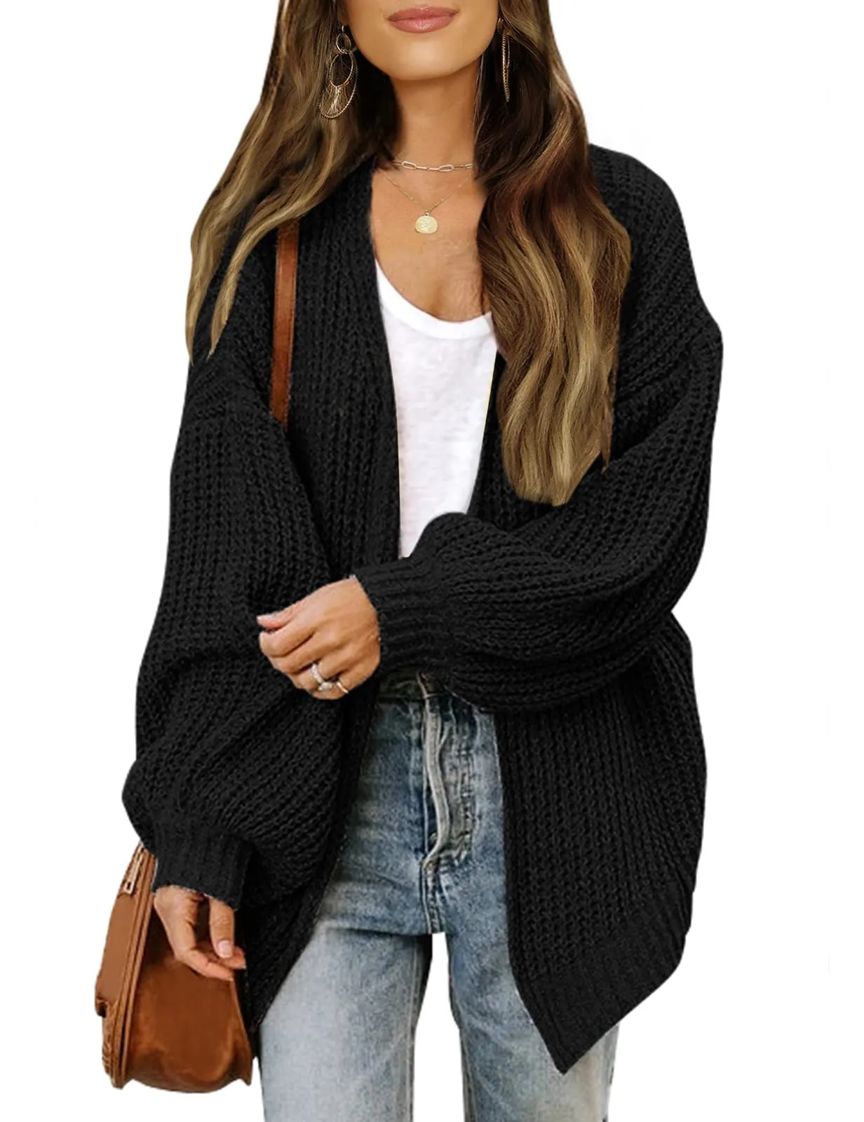 MEROKEETY Lantern Sleeve Oversized Chunky Cardigan