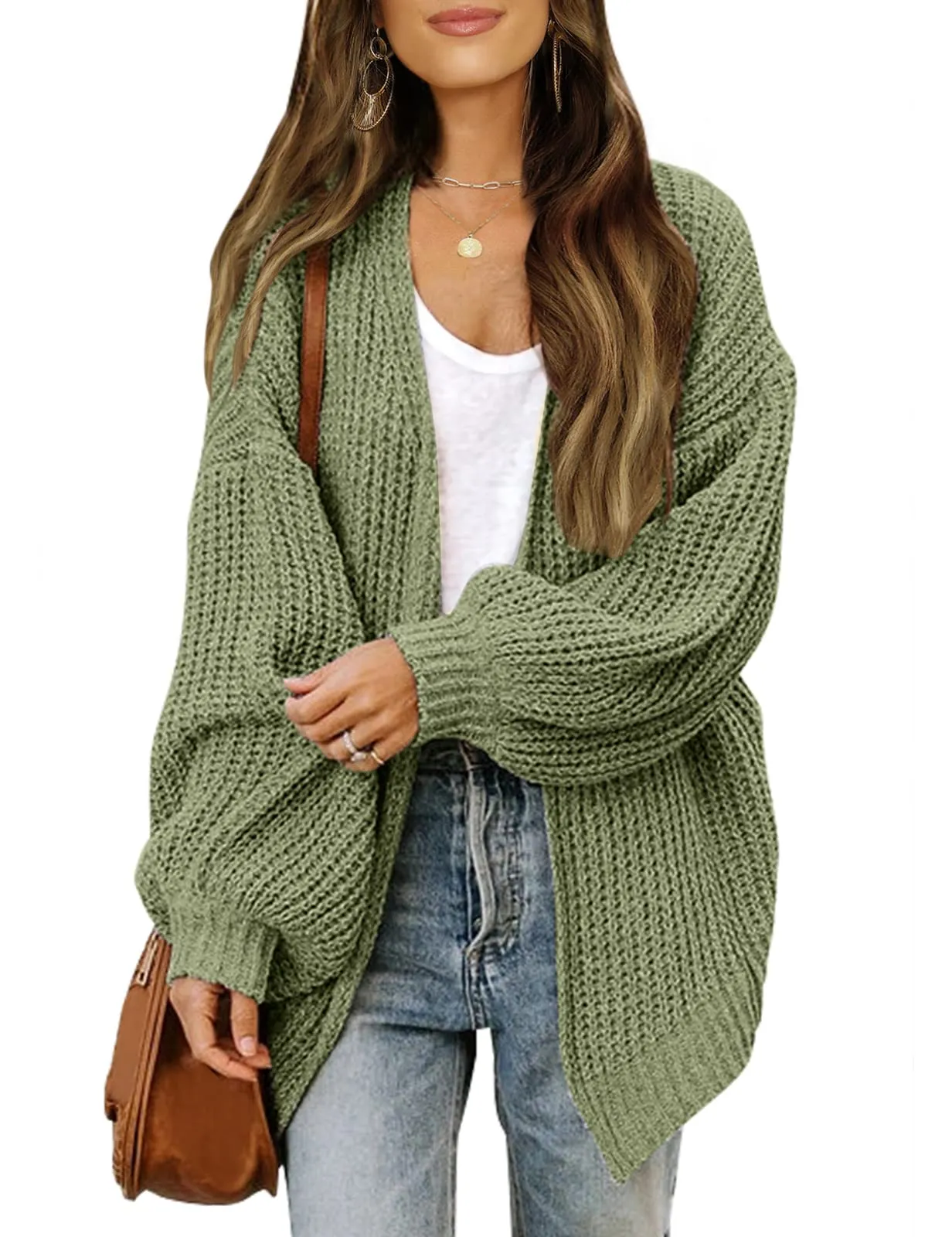 MEROKEETY Lantern Sleeve Oversized Chunky Cardigan